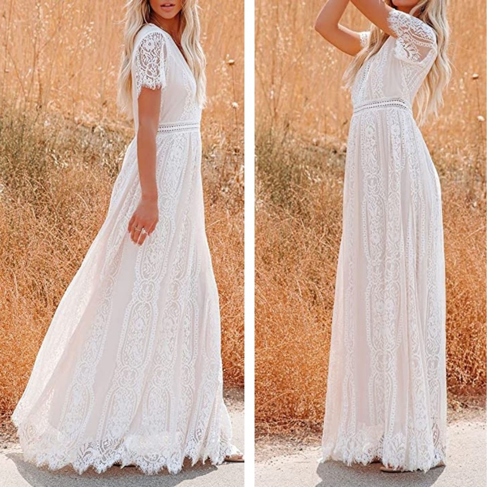 NEW White Lace Boho Short Sleeve Maxi Dress - Picture 5 of 14